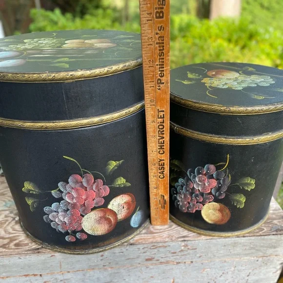 vintage black painted fruit floral 2 wood storage bins French Country primitive